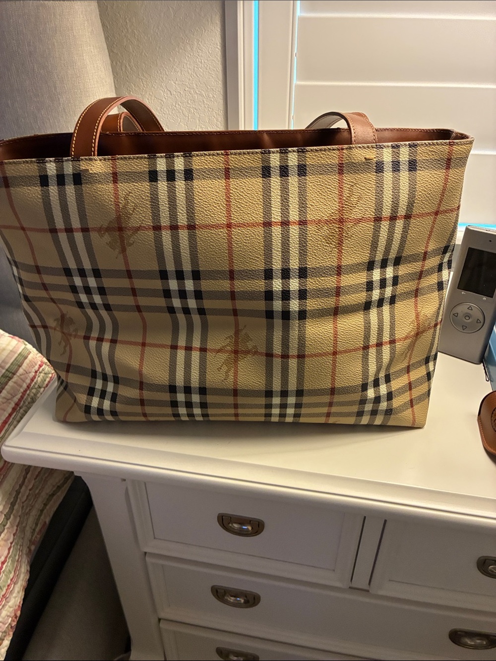 Burberry Beige Plaid Tote with Brown Leather Pocket - Picture 6 of 13